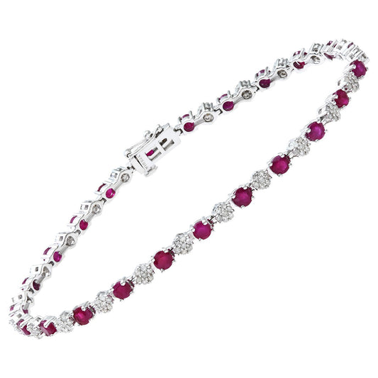 9ct White Gold 0.63ct Diamond 3.52ct Ruby Cluster Tennis Bracelet - PBCAXL02516WRU