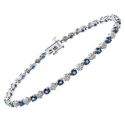 9ct White Gold Diamond Blue Sapphire Cluster Tennis Bracelet - PBCAXL02516WSA