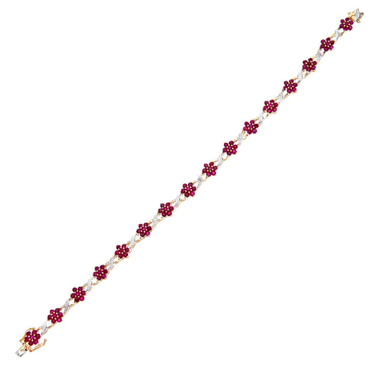 9ct Gold 3.5pts Diamond 6.3ct Ruby Flower Cluster Bracelet - PBCAXL02648YRU