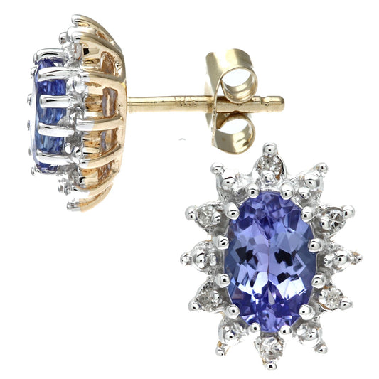 9ct Gold 5pts Diamond Oval 1ct Tanzanite Cluster Stud Earrings - PE0AXL1535YTanz