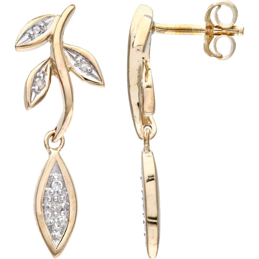 9ct Gold Round 5pts Diamond Leaf Drop Earrings - PE0AXL2578Y