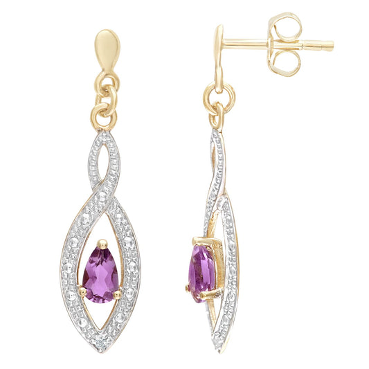 9ct Gold 1pts Diamond Pear 0.36ct Amethyst Teardrop Drop Earrings - PE0AXL3459YAM