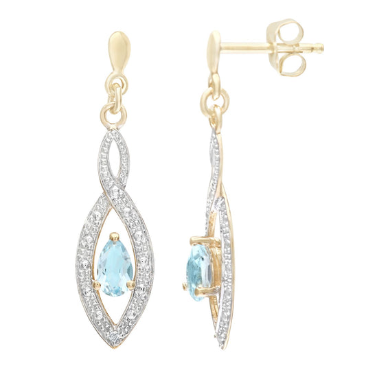 9ct Gold Diamond Pear 1/2ct Blue Topaz Teardrop Drop Earrings - PE0AXL3459YBT