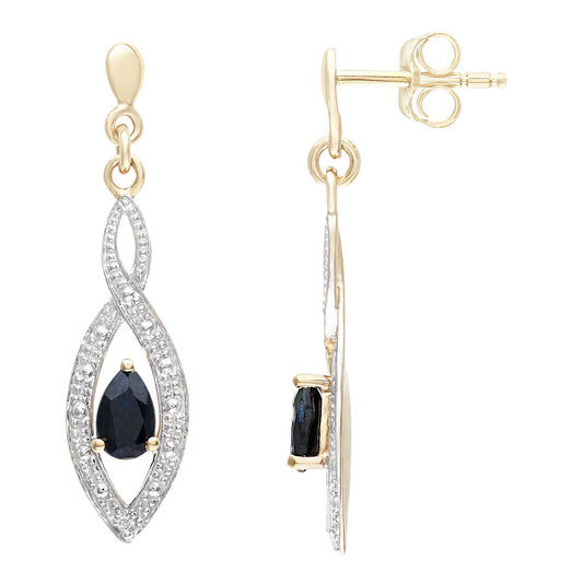 9ct Gold 1pts Diamond Pear 0.55ct Sapphire Teardrop Drop Earrings - PE0AXL3459YSA
