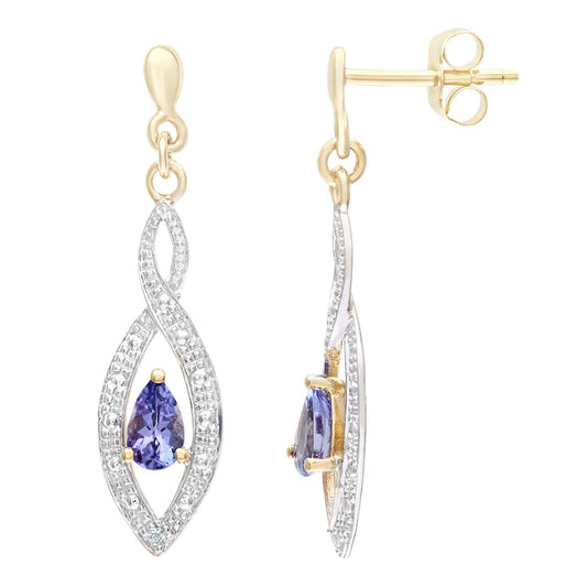 9ct Gold 1pts Diamond Pear 0.9ct Tanzanite Teardrop Drop Earrings - PE0AXL3459YTanz