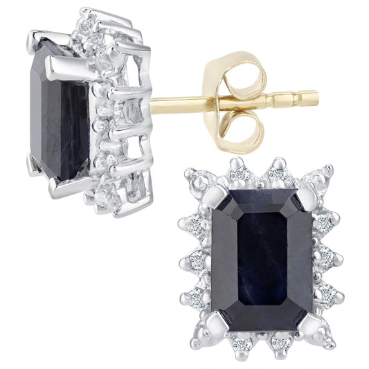 9ct Gold Diamond Emerald Cut 2.2ct Sapphire Cluster Stud Earrings - PE0AXL3475YSA