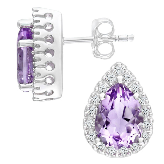 9ct White Gold Diamond Pear Amethyst Halo Teardrop Stud Earrings - PE0AXL3553WAM
