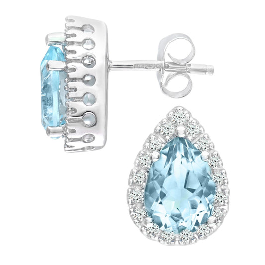 9ct White Gold Diamond Pear Blue Topaz Halo Stud Earrings - PE0AXL3553WBT
