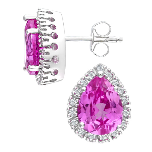9ct White Gold Diamond Pear Created Sapphire Halo Stud Earrings - PE0AXL3553WCrtdPinkSa