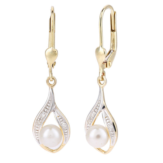 9ct Gold 4pts Diamond Pearl 5mm Eye Pea Pod Drop Earrings - PE0AXL4013YPRL