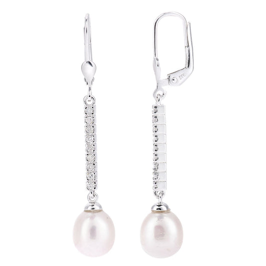 9ct White Gold Diamond Oval Pearl 8x10mm Ice Moon Drop Earrings - PE0AXL4730WPRL
