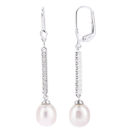 9ct White Gold Diamond Oval Pearl 8x10mm Ice Moon Drop Earrings - PE0AXL4730WPRL