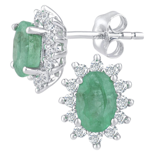 9ct White Gold 1/4ct Diamond Oval Emerald Cluster Stud Earrings - PE0AXL4750W-EM