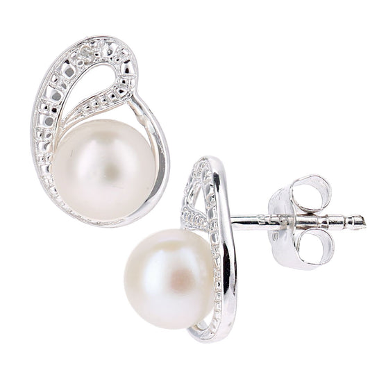 9ct White Gold Diamond Pearl 5mm Ouroboros Moon Stud Earrings - PE0AXL5050WPRL