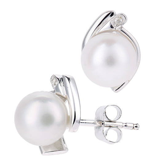 9ct White Gold 1pts Diamond Pearl 6.5mm Cupped Moon Stud Earrings - PE0AXL5220WPRL