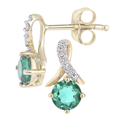 9ct Gold 5pts Diamond 0.4ct Created Emerald Kiss Stud Earrings - PE0AXL5560YCEM