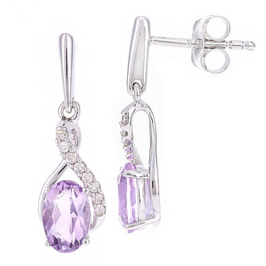 9ct White Gold Diamond Oval 0.82ct Amethyst Kiss Drop Earrings - PE0AXL5561WAM
