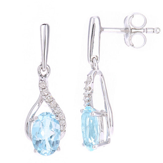 9ct White Gold Diamond Oval 1.06ct Blue Topaz Kiss Drop Earrings - PE0AXL5561WBT