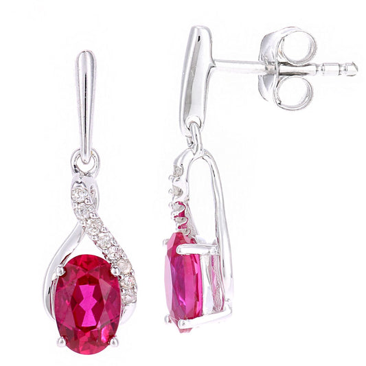 9ct White Gold Diamond Oval 1.3ct Created Ruby Kiss Drop Earrings - PE0AXL5561WCRU