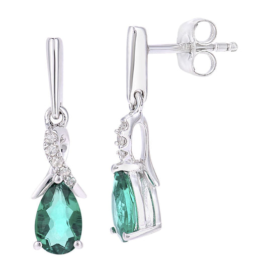 9ct White Gold Diamond Pear Created Emerald Kiss Drop Earrings - PE0AXL5562WCEM