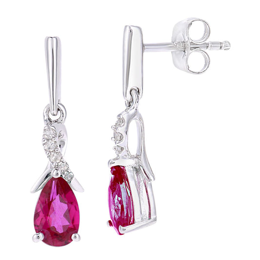 9ct White Gold Diamond Pear Created Ruby Kiss Drop Earrings - PE0AXL5562WCRU