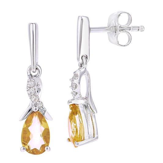 9ct White Gold 5pts Diamond Pear 3/4ct Citrine Kiss Drop Earrings - PE0AXL5562WCT