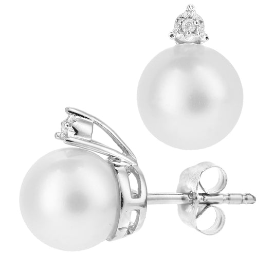 9ct White Gold Diamond Pearl 7.5mm Full Moon Crown Stud Earrings - PE0AXL5711WPRL