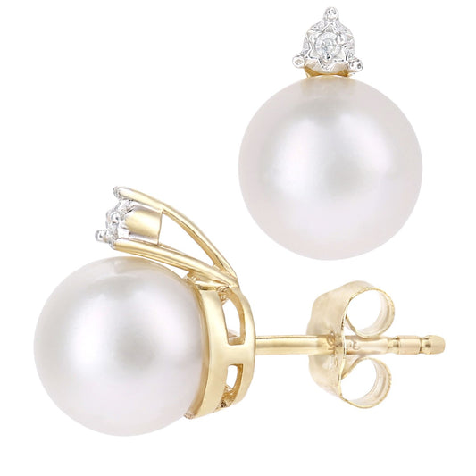 9ct Gold 1pts Diamond Pearl 7.5mm Full Moon Crown Stud Earrings - PE0AXL5711YPRL