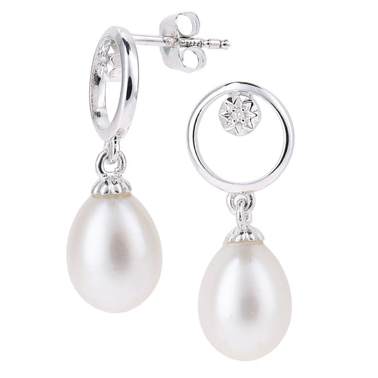 9ct White Gold Diamond Oval Pearl Flower Cap Halo Drop Earrings - PE0AXL5717WPRL