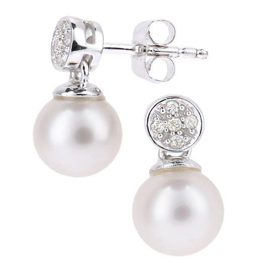 9ct White Gold Diamond Pearl 6.5mm Lightbulb Cap Drop Earrings - PE0AXL5718WPRL