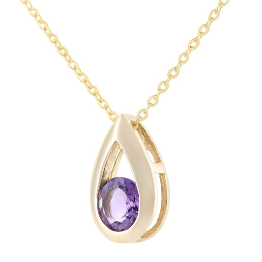 9ct Gold Round 22pts Amethyst Teardrop Pendant Necklace 18 inch - PP0AXL1715YAM
