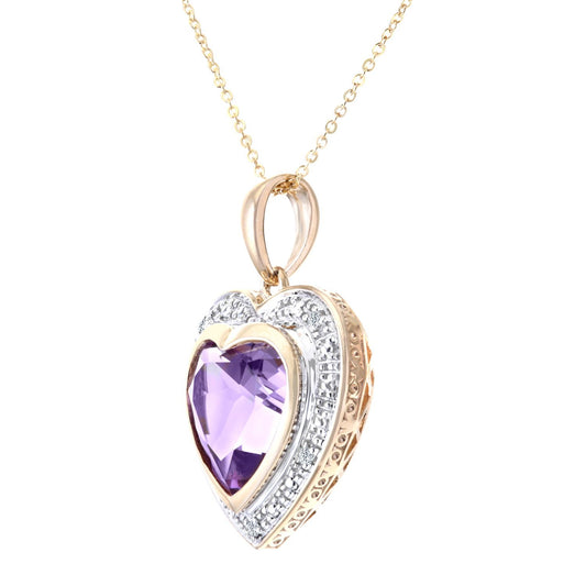 9ct Gold 2pts Diamond Heart 3.16ct Amethyst Heart Necklace 18" - PP0AXL3052YAM