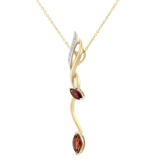 9ct Gold 2pts Diamond Marquise 0.48ct Garnet Stick Necklace 18" - PP0AXL3848YGT
