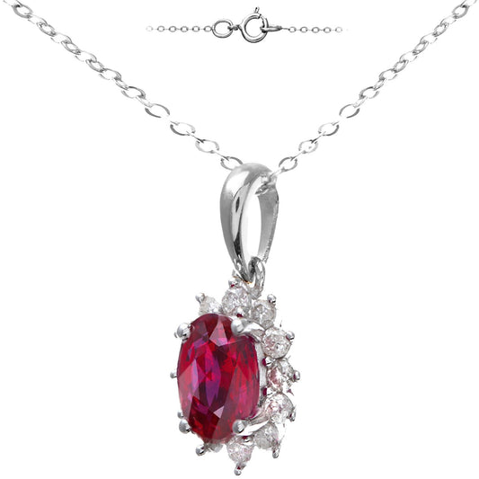 9ct White Gold 1/4ct Diamond Oval 1.1ct Ruby Cluster Necklace 18" - PP0AXL5203W-RU