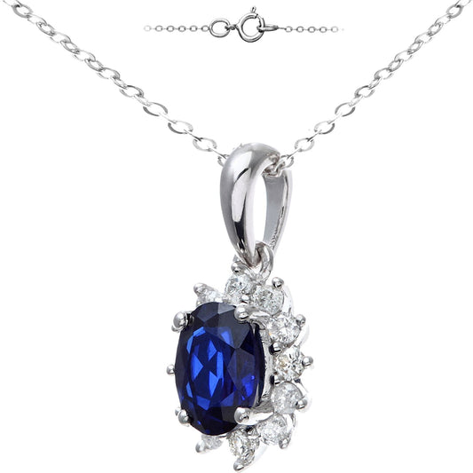 9ct White Gold 1/4ct Diamond Oval Sapphire Cluster Necklace 18" - PP0AXL5203W-SA