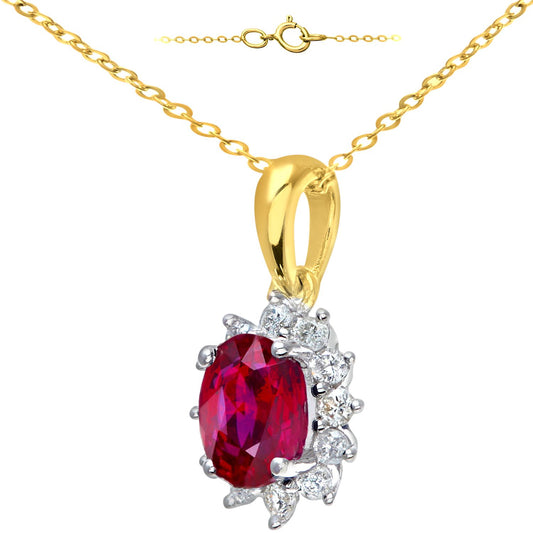 9ct Gold 1/4ct Diamond Oval 1.1ct Ruby Cluster Necklace 18" - PP0AXL5203Y-RU