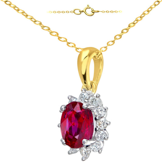 9ct Gold 1/4ct Diamond Oval 1.1ct Ruby Cluster Necklace 18" - PP0AXL5203Y-RU