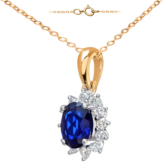 9ct Gold 1/4ct Diamond Oval 1.1ct Sapphire Cluster Necklace 18" - PP0AXL5203Y-SA
