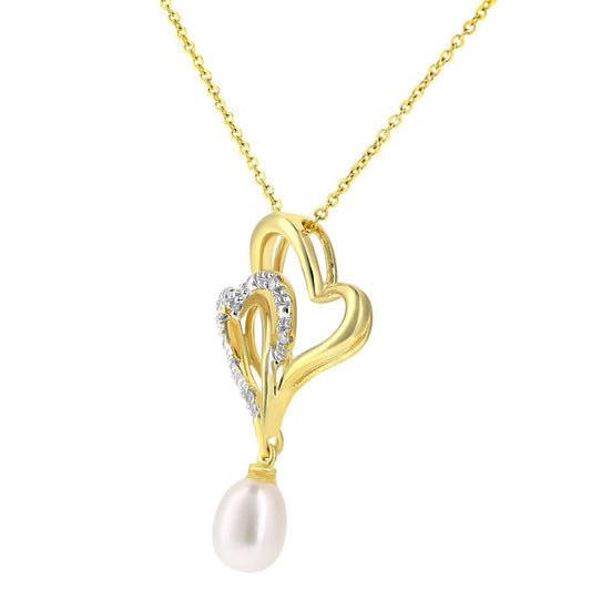 9ct Gold 2pts Diamond Oval Pearl 5mm Heart Pendant Necklace 18" - PP0AXL5414YPRL