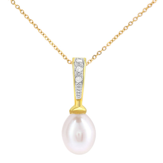 9ct Gold 3pts Diamond Oval Pearl 7x9mm Lollipop Moon Necklace 18" - PP0AXL5686YPRL