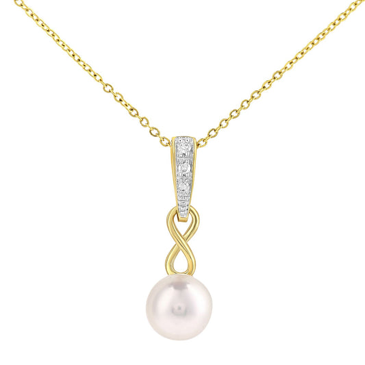 9ct Gold 2pts Diamond Pearl 6mm Infinity Pendant Necklace 18 inch - PP0AXL5759YPRL