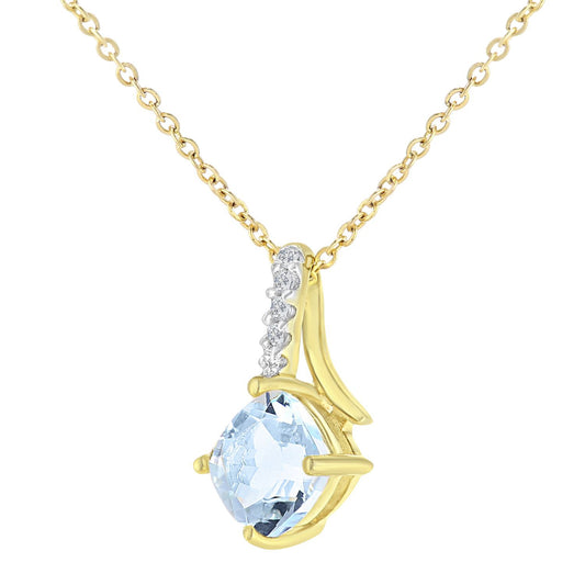 9ct Gold 2pts Diamond Cushion 0.7ct Blue Topaz Kiss Necklace 18" - PP0AXL5932YBT