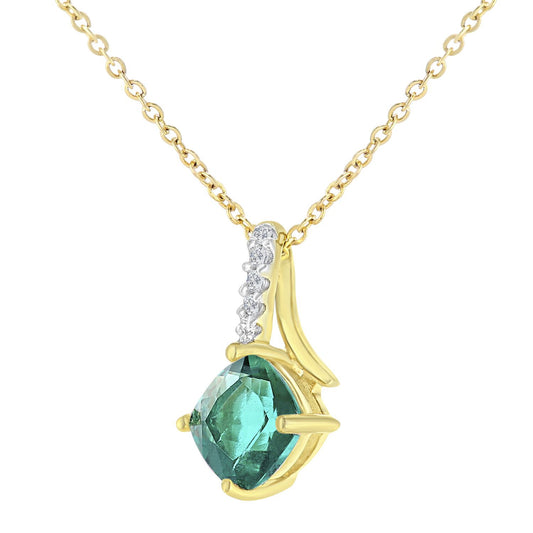 9ct Gold Diamond Cushion 1/2ct Created Emerald Kiss Necklace 18" - PP0AXL5932YCEM