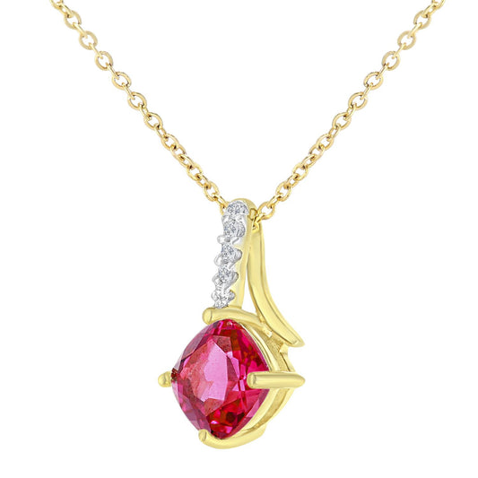 9ct Gold Diamond Cushion 0.85ct Created Ruby Kiss Necklace 18" - PP0AXL5932YCRU