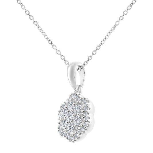 9ct White Gold 0.34ct Diamond Halo Flower Pendant Necklace 18" - PP0AXL6021W