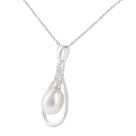 9ct White Gold Diamond Oval Pearl 7x9mm Teardrop Necklace 18" - PP0AXL6073WPRL