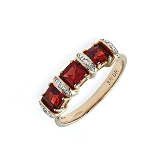 9ct Gold 2pts Diamond 1.36ct Garnet Eternity Trilogy Ring - PR0AXL1810YGT
