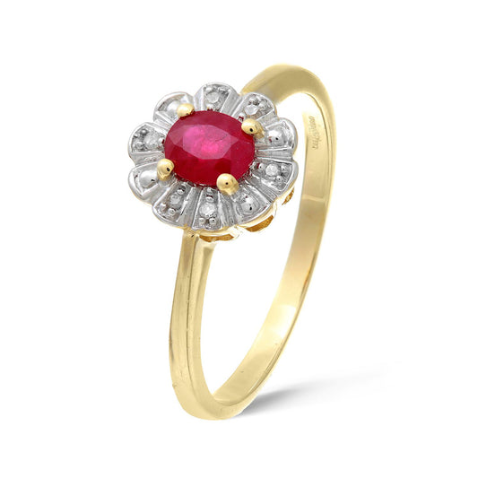 9ct Gold 3pts Diamond Oval 0.44ct Ruby Flower Petal Cluster Ring - PR0AXL2321YRU