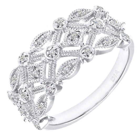 9ct White Gold 10pts Diamond Art Deco Floral Filigree Dress Ring - PR0AXL4557W