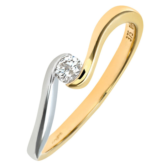 9ct White & Yellow Gold Diamond Curved Wave Solitaire Ring 4mm - PR0AXL5961YW